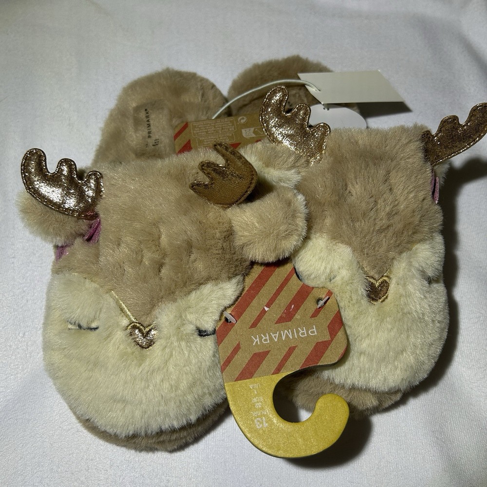 Primark Girls Reindeer Soft Plush Slippers Warmth Size US 1 NEW!