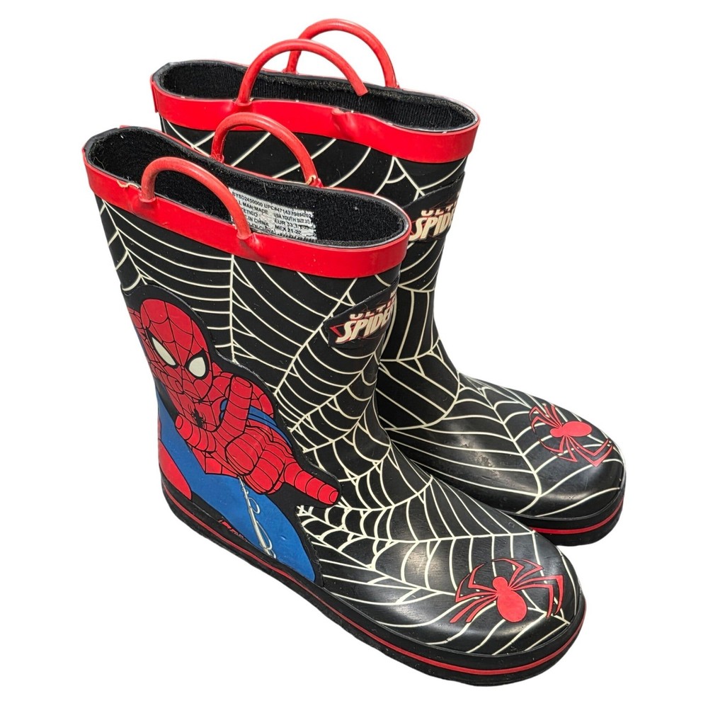 Marvel Spider-Man Rain Boots Kids Size 2/3 Black Red Web Graphic Pull-On Handles