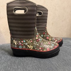 Kids Waterproof Floral Striped Rain Boots with Pull Handles Gray Pink Size 11