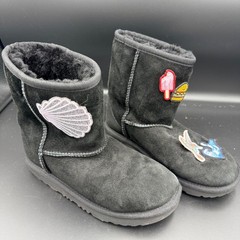 UGG Classic Short Patches Black Suede Kids Boots 1017703K Size 3