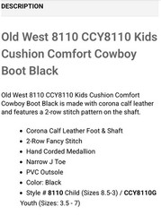 OLD WEST Black Leather Youth Size 6.5 Cowboy Boots Green Stitching VGC