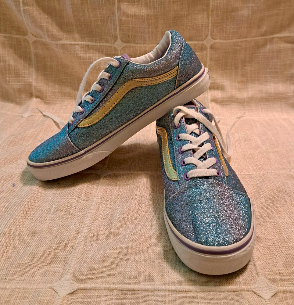 VANS Old Skool Kids Glitter Blue Low Top Lace-Up Sneakers US Size 7