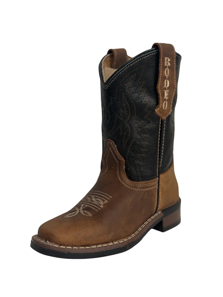 Kids Brown Flames Square Toe Leather Cowboy Boots Rubber Sole