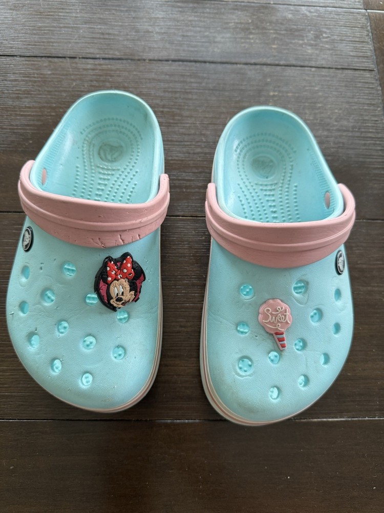 Youth Size 2 Light Blue With Pink Strap Crocs With White And Pink Stripe