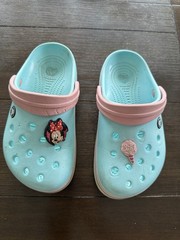 Youth Size 2 Light Blue With Pink Strap Crocs With White And Pink Stripe