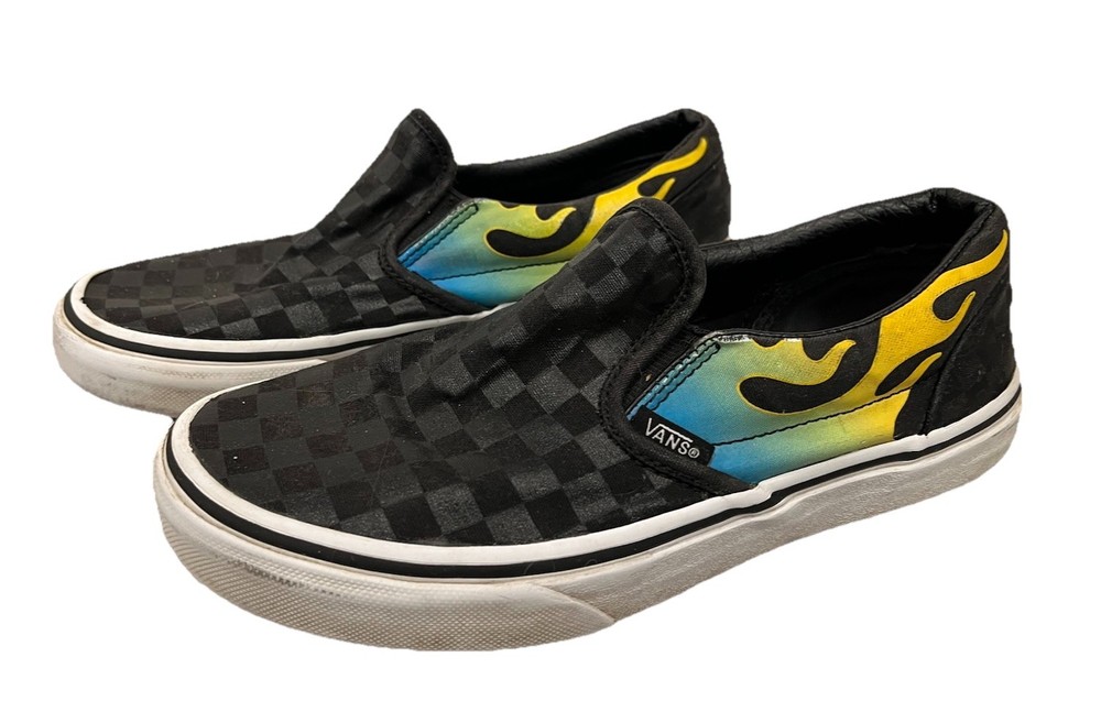 VANS Glow Flames Classic Slip-on Shoes. Kids 4.5 (Wm 6). Black Yellow Blue VGUC