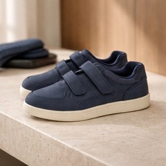 Kids Navy Hook-and-Loop Sneaker EU 33 US 2 Low Top Faux Navy Nubuck, White Sole