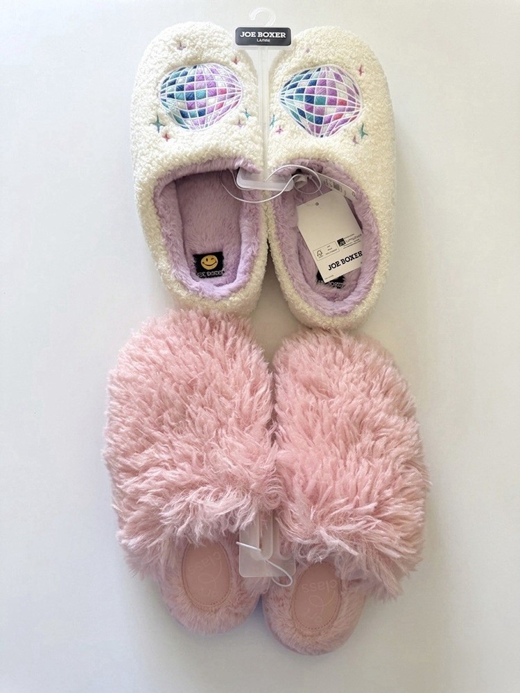 Joe Boxer and Art Class Slipper Bundle Disco Ball Fuzzy Pink House Shoes Size L