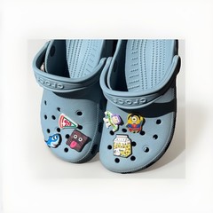 Authentic Crocs Classic Clogs Blue Sz J/4 With 6 Charms Food, And Characters.