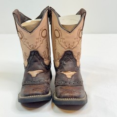 Kids White Diamonds Boots Square Toe Zipper Brown Beige Embroidered