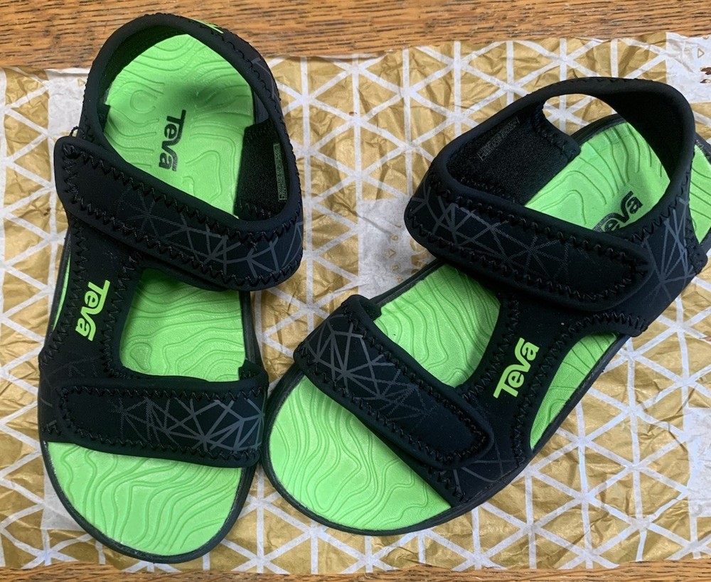 Teva Tidepool Black Lime Strappy Sandals Unisex Kids Hook & Loop Lightweight 10
