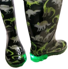Dinosaur Light Up Rain Boots Kids Size 7 Lime Green Black Spike Handles LED