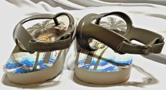 Kids Unisex Shower/Beach Sandals w/Elastic Back- Brown with Palm Tee & Sea Waves