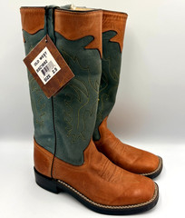 Old West Kids Stove Pipe Boot in Barnwood/Vintage Denim Blue Square toe Sz 2.5