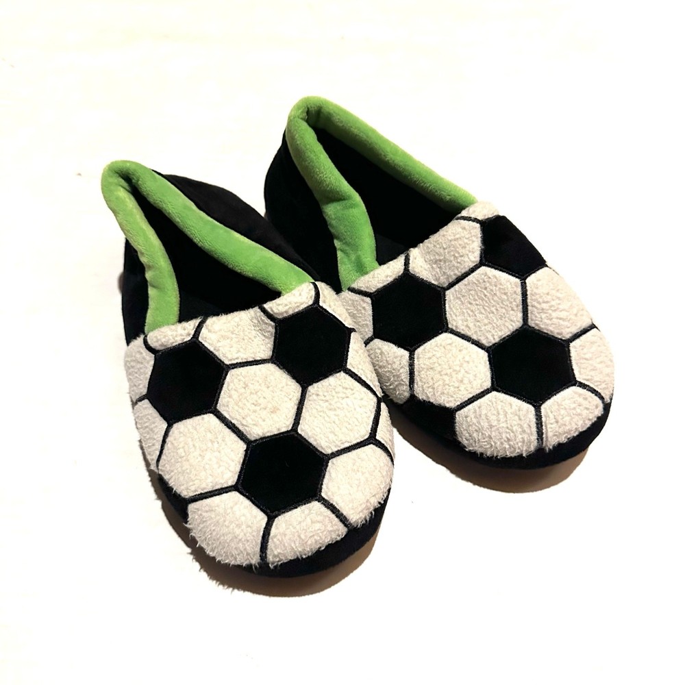 Soccer Slippers Comfy Lounge Black White Green Youth Size 1/2