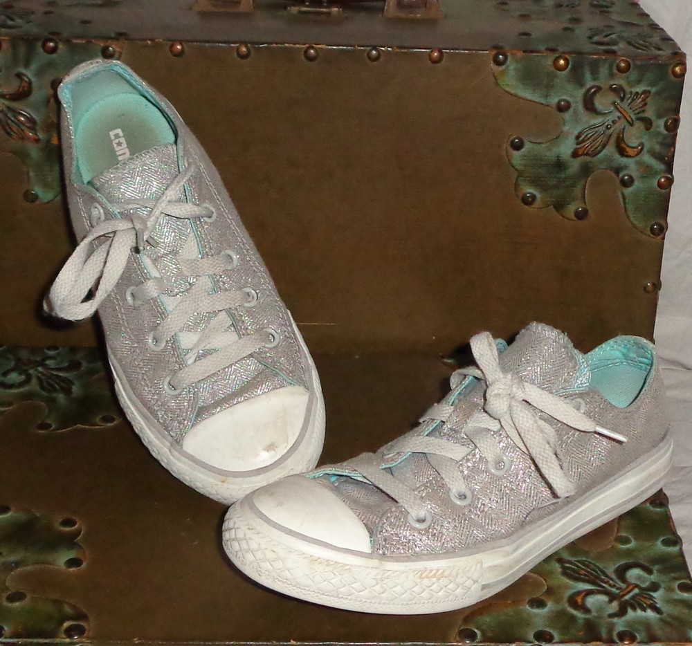 Converse All Stars Silver Turquoise Blue Double Tongue 2 Kids Sneakers Shoes *