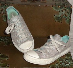 Converse All Stars Silver Turquoise Blue Double Tongue 2 Kids Sneakers Shoes *