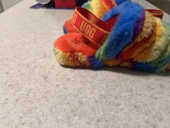 Size 4 – UGG Australia Fluff Yeah Slide Rainbow Stripe 1119840K-RSTR Kids Sandal