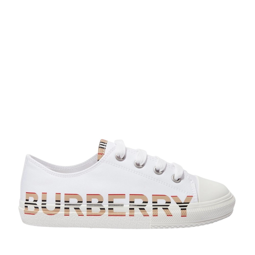 NWB Burberry Icon Stripe Logo Print Cotton Gabardine Sneakers White Kids 12.5