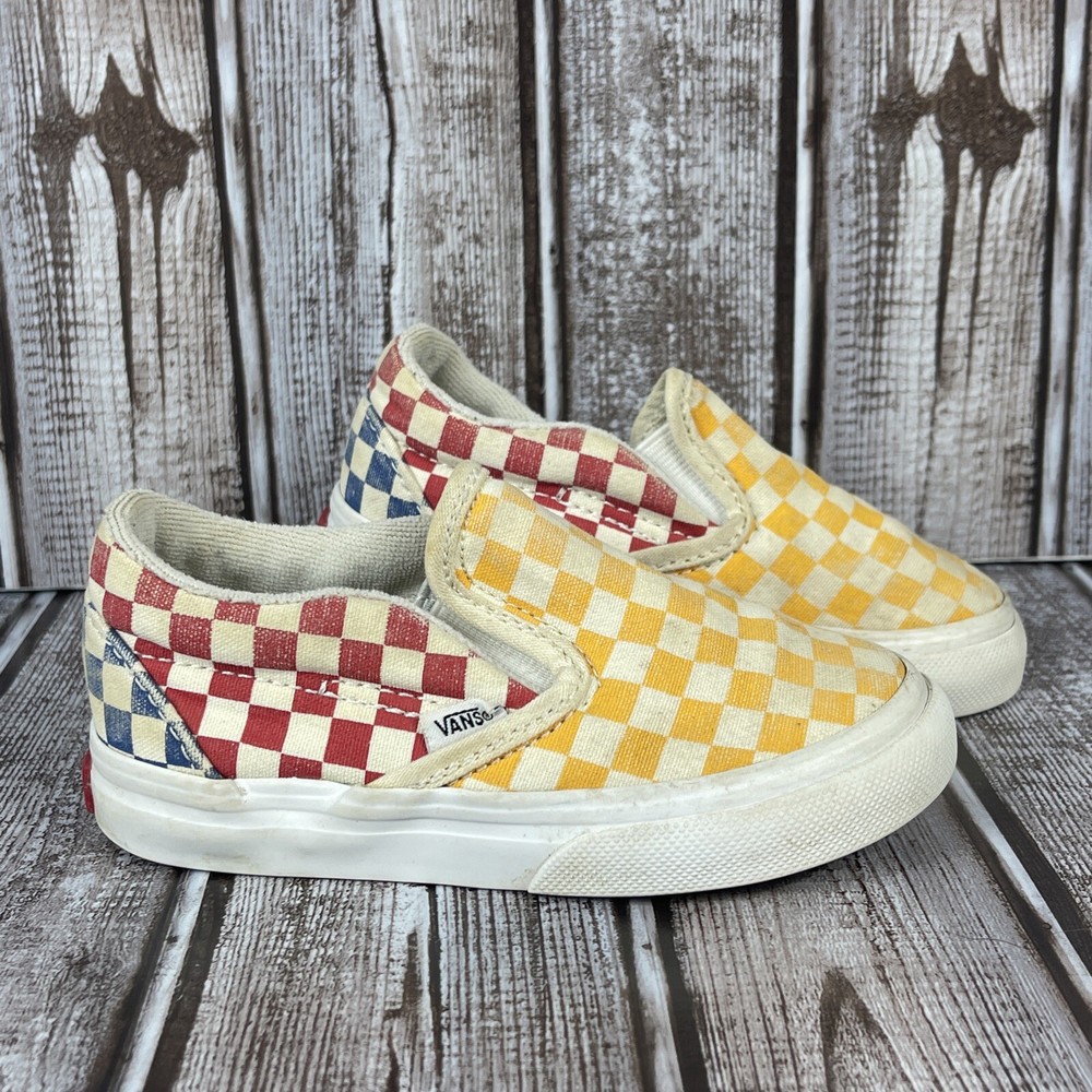Vans Off The Wall Checkerboard Slip-On Shoes Yellow/Red/White/Blue Kid’s US 7
