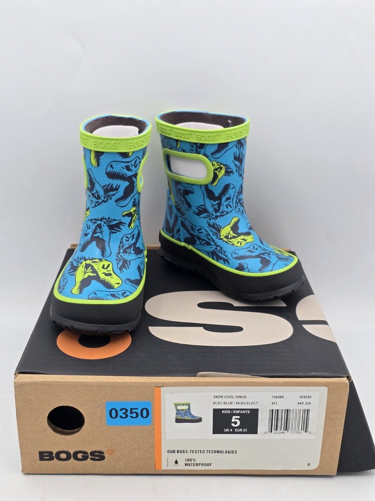 Bogs Super Dino Kids US 5 Blue 100% Waterproof Mid Calf Rain Boot – NIB