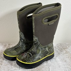 Bogs Youth 11 Waterproof Rain Boots Snake Camo Green Pull On Handles Kids
