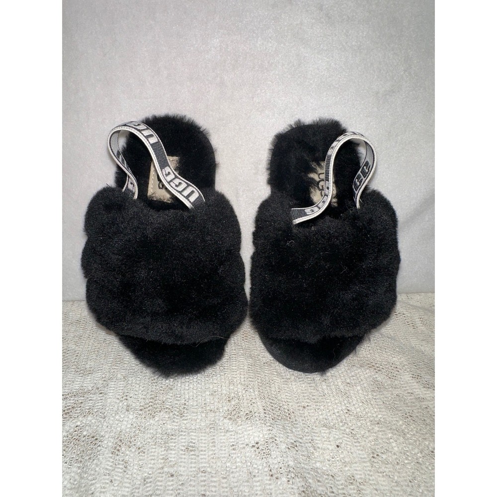 Kids UGG Black Fluffy Furry Slides Slippers Shoes Size 7 Toddler