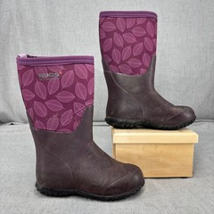 Bogs Kids Rain Boots Purple Leaf Print Burgundy Waterproof Insulated Size 12