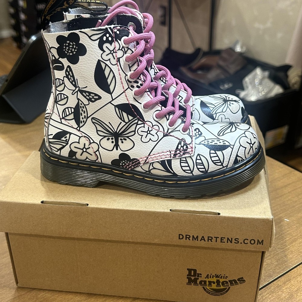 Dr. Martens Boots Kids Size 11 White Meadow Print Floral Zip 1460 J Athena