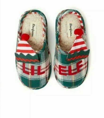 Kids Dearfoams Lil Elf Hat Holiday Clog Slippers Size 13/1 Plaid