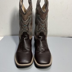 Old West Faux Leather Cowboy Boots Two Tone Brown w/ Turquoise Stitching Sz 2D