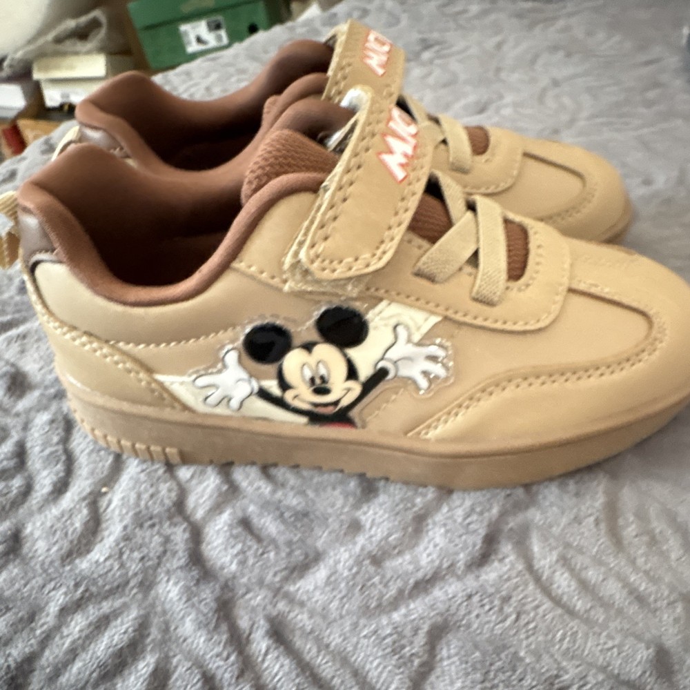 Mickey Kids Sneakers Beige Brown Rubber US 11 Hook & Loop Cartoon