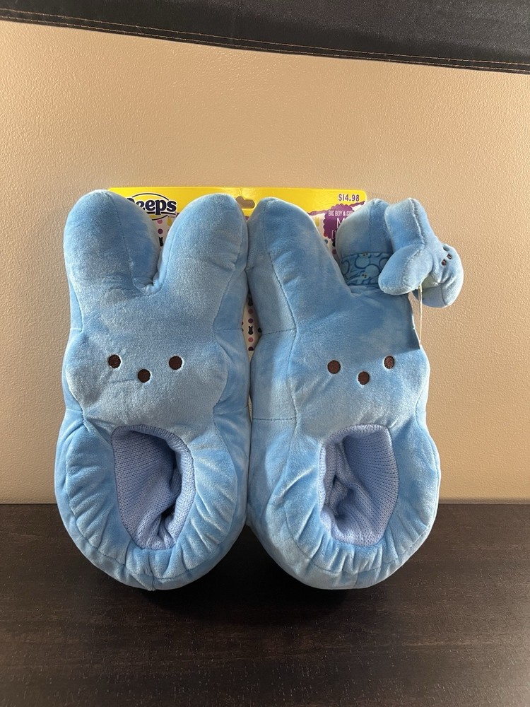 Kids M 13-1 Easter Peeps Plush Blue Bunny Bootie Slippers + SlapOn Wrist Hugger
