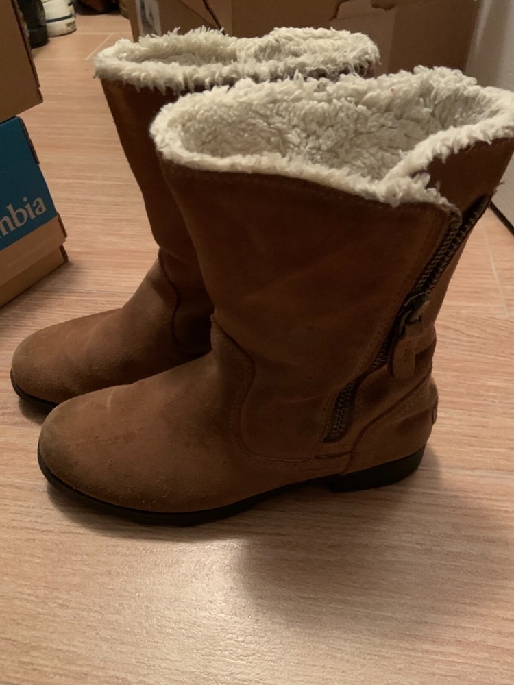SOREL Youth Emelie Foldover Waterproof Suede Boots in Camel Brown/Natural Sz 4