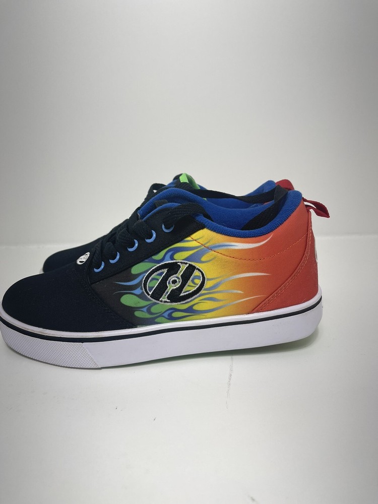 Heelys black green yellow red blue flames Youth Sz 5 EUC!
