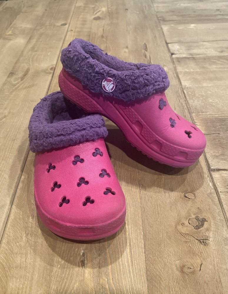 Crocs Kids Mammoth Hot Pink/Purple Fleece Disney Mickey Mouse Clog Sz 10/11
