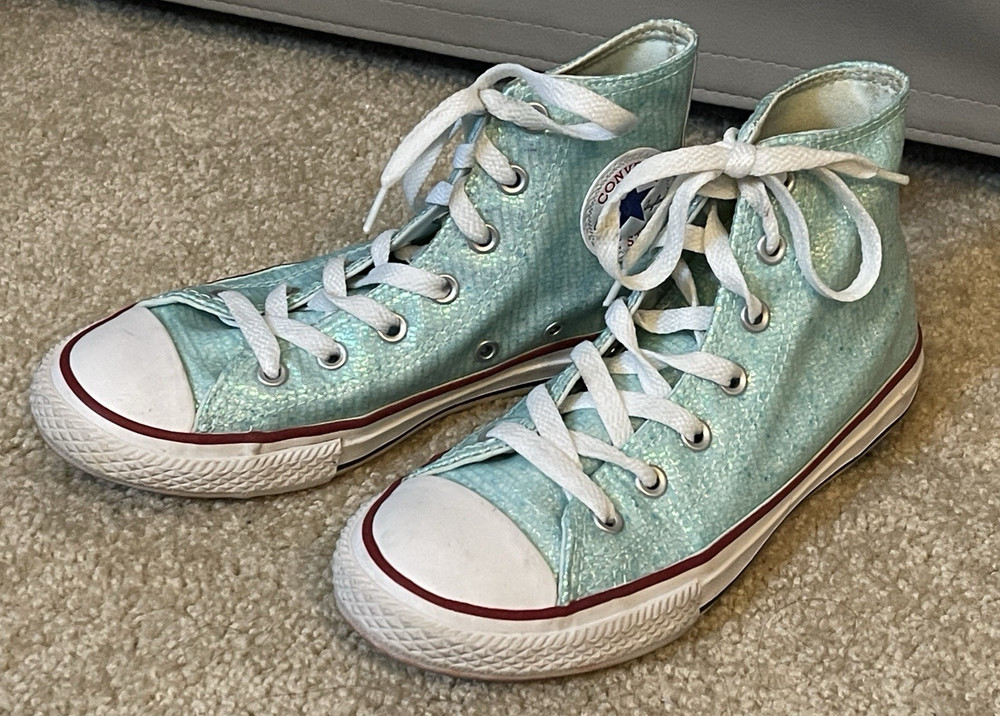 Converse Chuck Taylor All Star Hi Tops Sneakers Green Glitter Red/White Jr. Sz 2