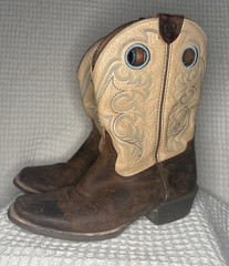 Ariat Brown Tan Leather blue stitching Western Rodeo Boots Big Kids Size 3.5