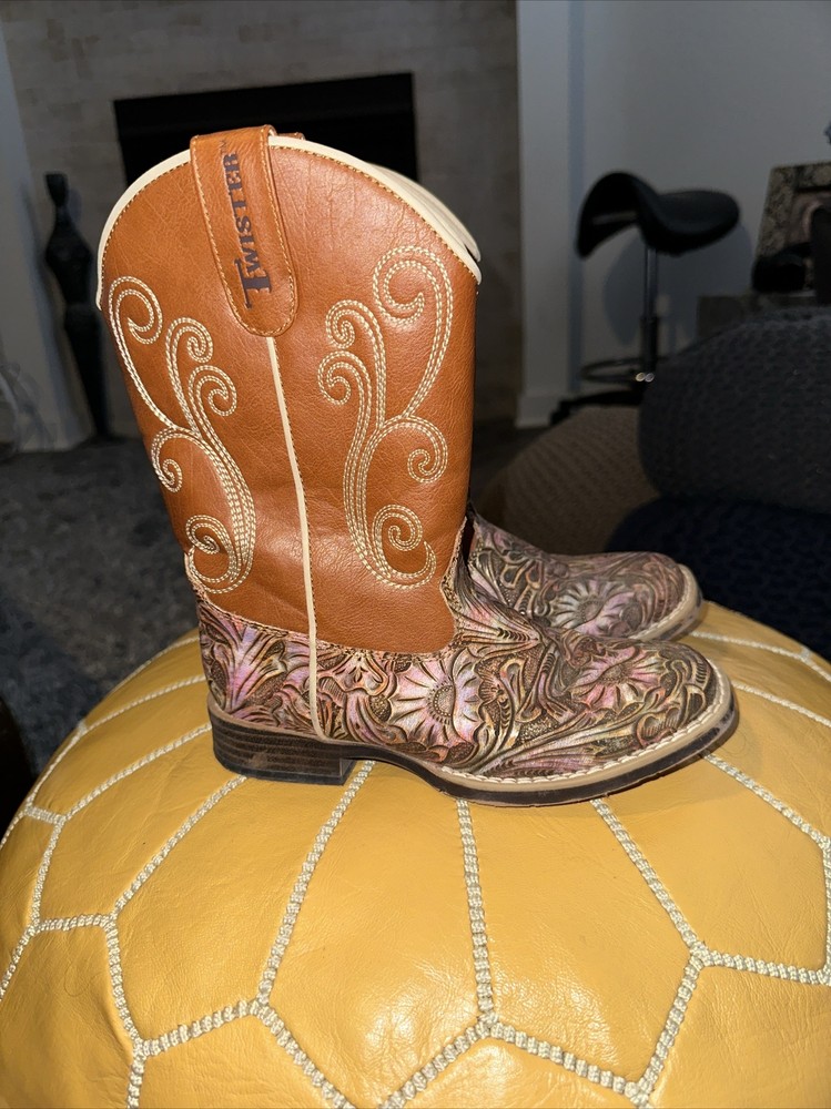 Twister Kids Multi Color Embossed and Rust Square Toe Western Boots Size 1