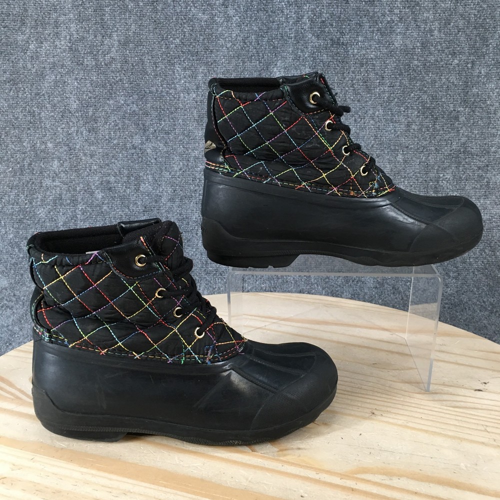 Sperry Port Rainbow Rain Duck Boots Youth 4 M Lace Up Quilted Black SCK166394