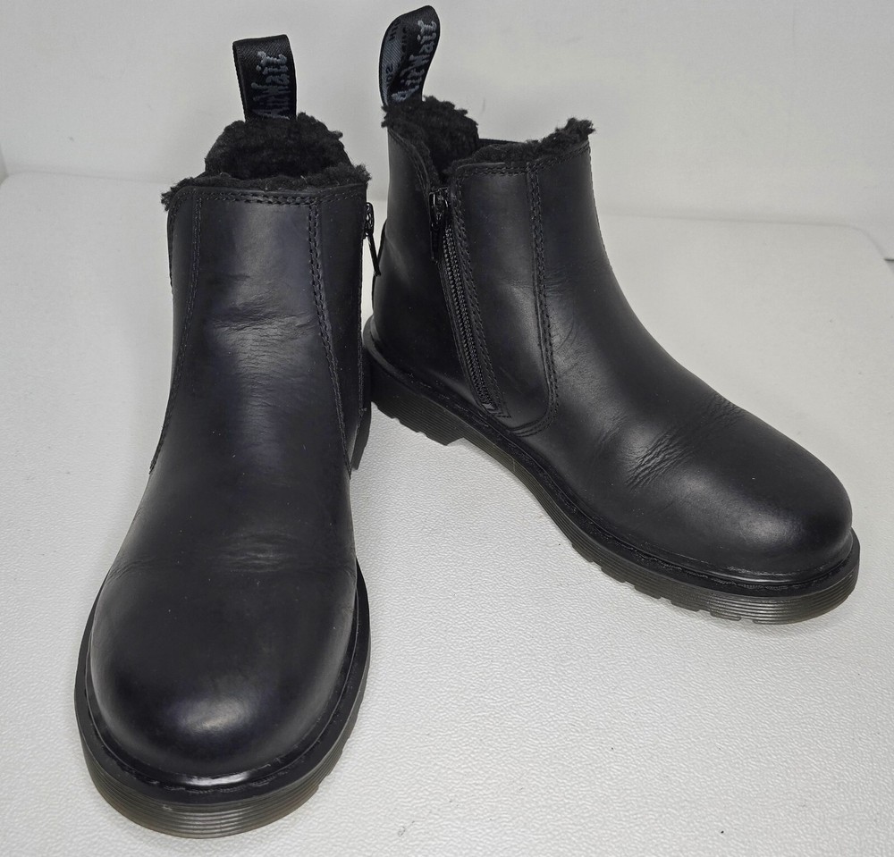 Dr Martens Leonore Mono BLACK Leather Faux Fur Side Zip Kids Ankle Boots Sz 4