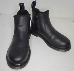 Dr Martens Leonore Mono BLACK Leather Faux Fur Side Zip Kids Ankle Boots Sz 4