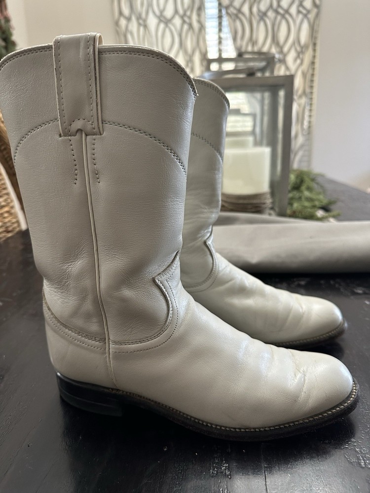 JUSTIN LEATHER Cream White Cowboy Western Roper Boots Junior 5 1/2 B #60458