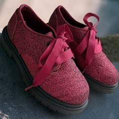 Cat & Jack Burgundy Glitter Oxford Shoes Ribbon Laces, Black Sole, Kids 9