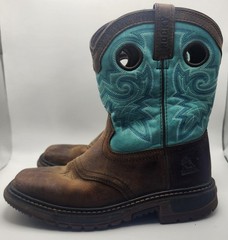 Rocky Kids Boots Size 3 Saddle Brown Teal 8″ Western Cowboy Rodeo