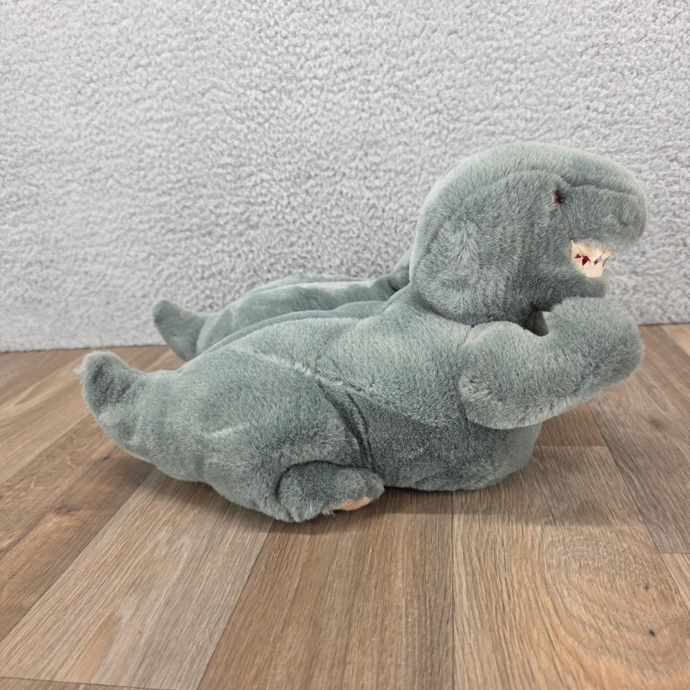 Vintage Grey Plush Dinosaur T-Rex Slippers Size 2-3 XL Non-Slip House Shoes