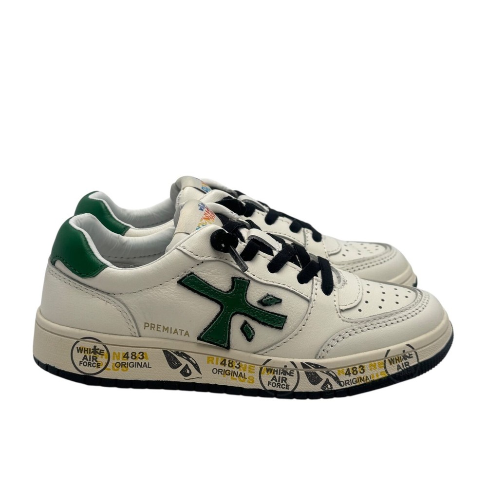 Premiata Kids sneakers in white leather and green details art. Marc White/Green