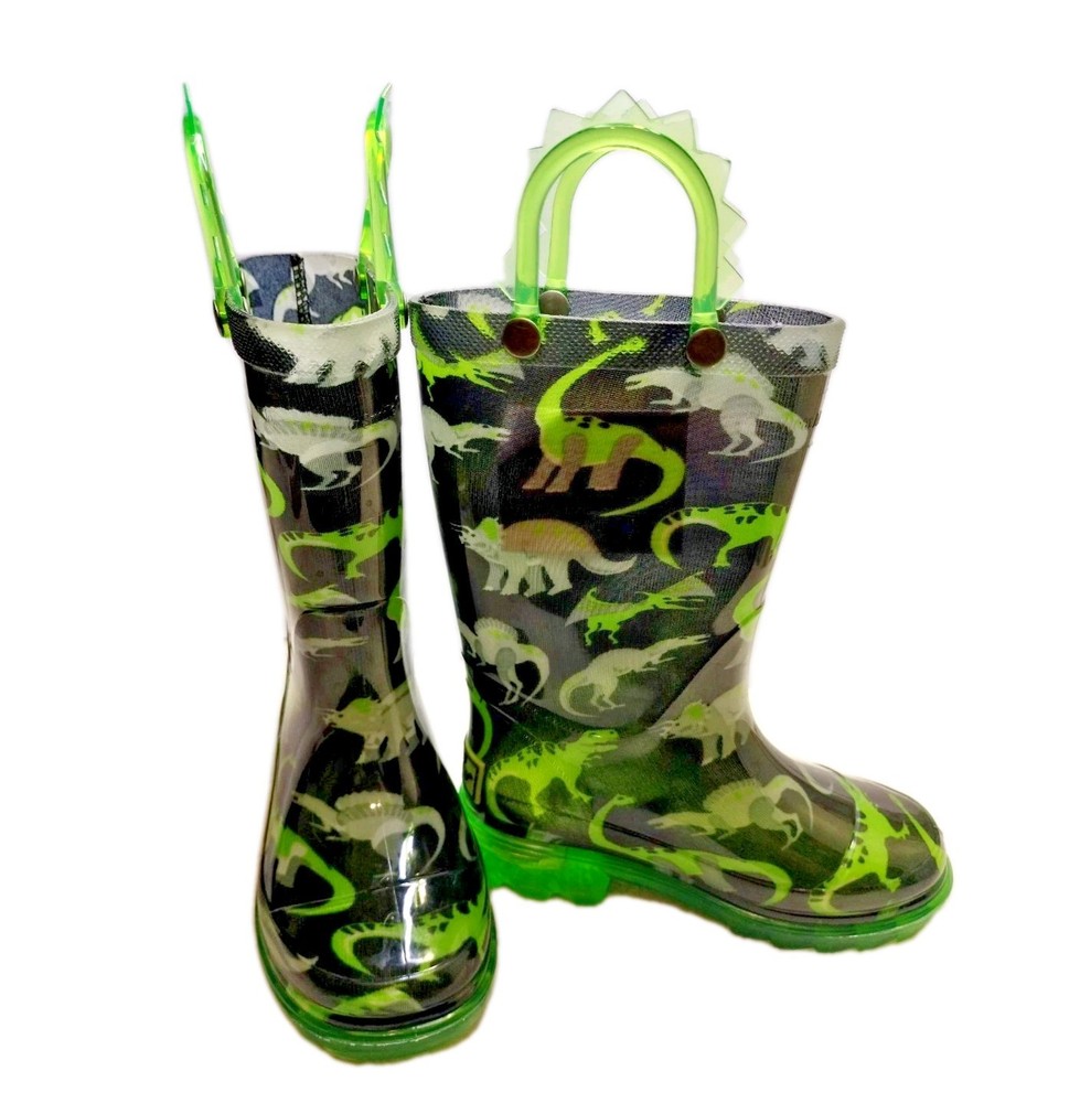 Dinosaur Light Up Rain Boots Kids Size 7 Lime Green Black Spike Handles LED