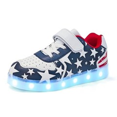 Kids LED Sneakers for Boys Hook&Loop Low Light Up Shoes 4 Big Kid White Blue