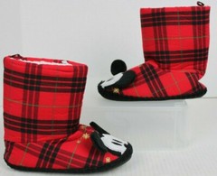 Mickey Mouse Red Holiday Plaid Bootie Slippers Unisex Kid Sz 2/3 NWOT Disney NEW
